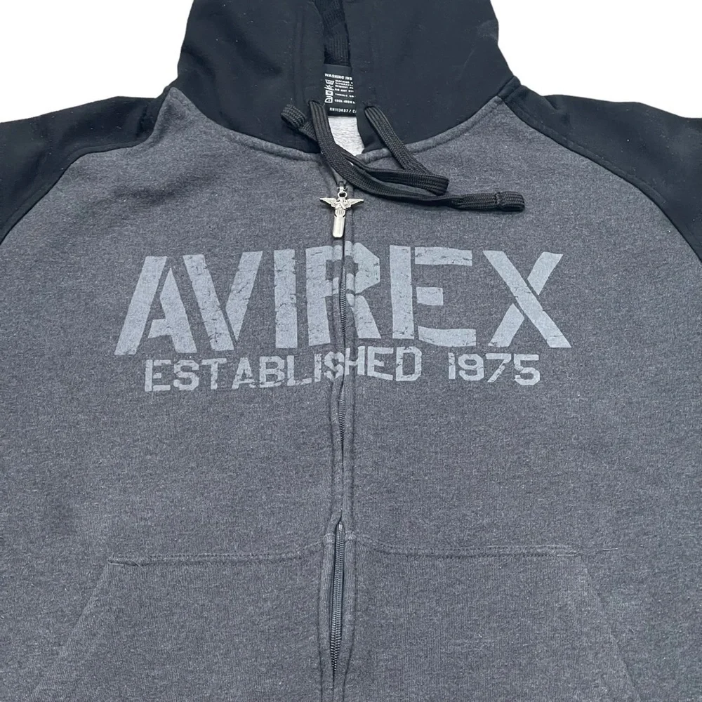 Avirex Vintage Black Gray Big Logo Y2K Zip Front Hoodie Jacket XL - Picture 3 of 7